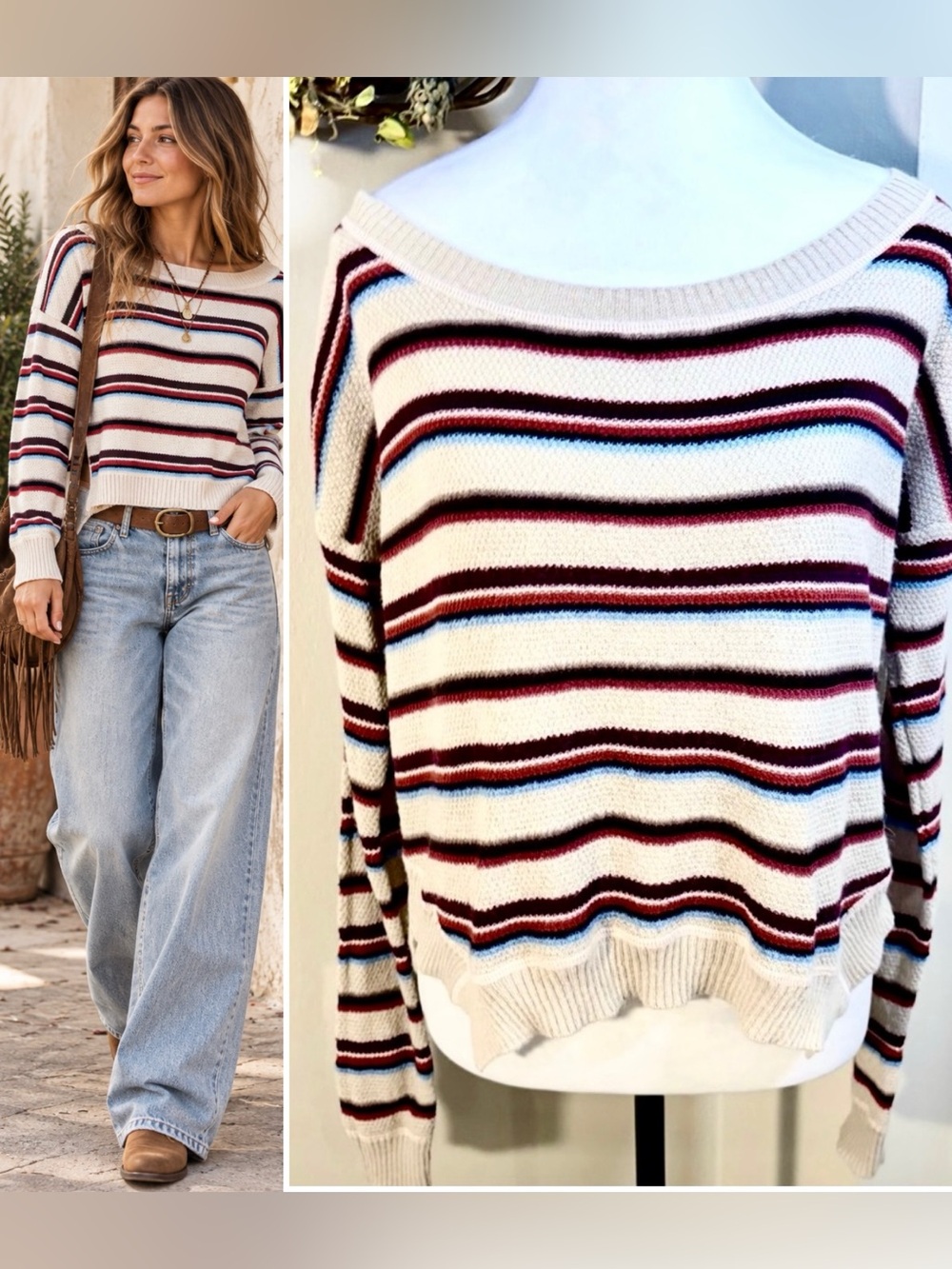 💥Free People Beach Road Trip Alpaca Blend Striped Boxy Sweater Sz S💛